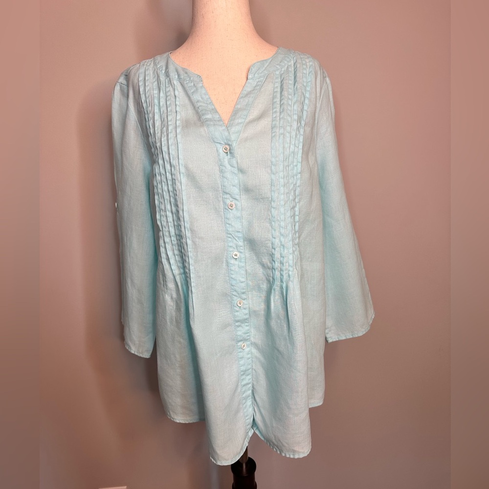 Sz M Chaus Sport light teal 100% linen button front top blouse easy breezy